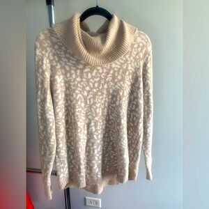 Tan and White Cowl Neck Sweater with Animal Print